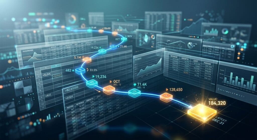Visualisation conceptuelle de l'analyse de données financières avec des graphiques et des feuilles de calcul